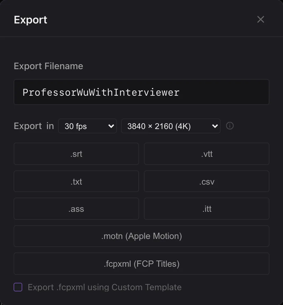The Export dialog with frame rate, frame size and the .fcpxml (FCP Titles) button