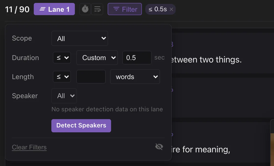 Filter set to Duration ≤ 0.5 sec shows the 11 lines from the part that was cut